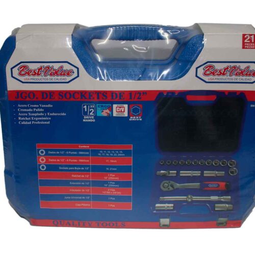 JGO SOCKETS 6 PUNTAS MANDO DE 1/2” 21 PZAS CRV